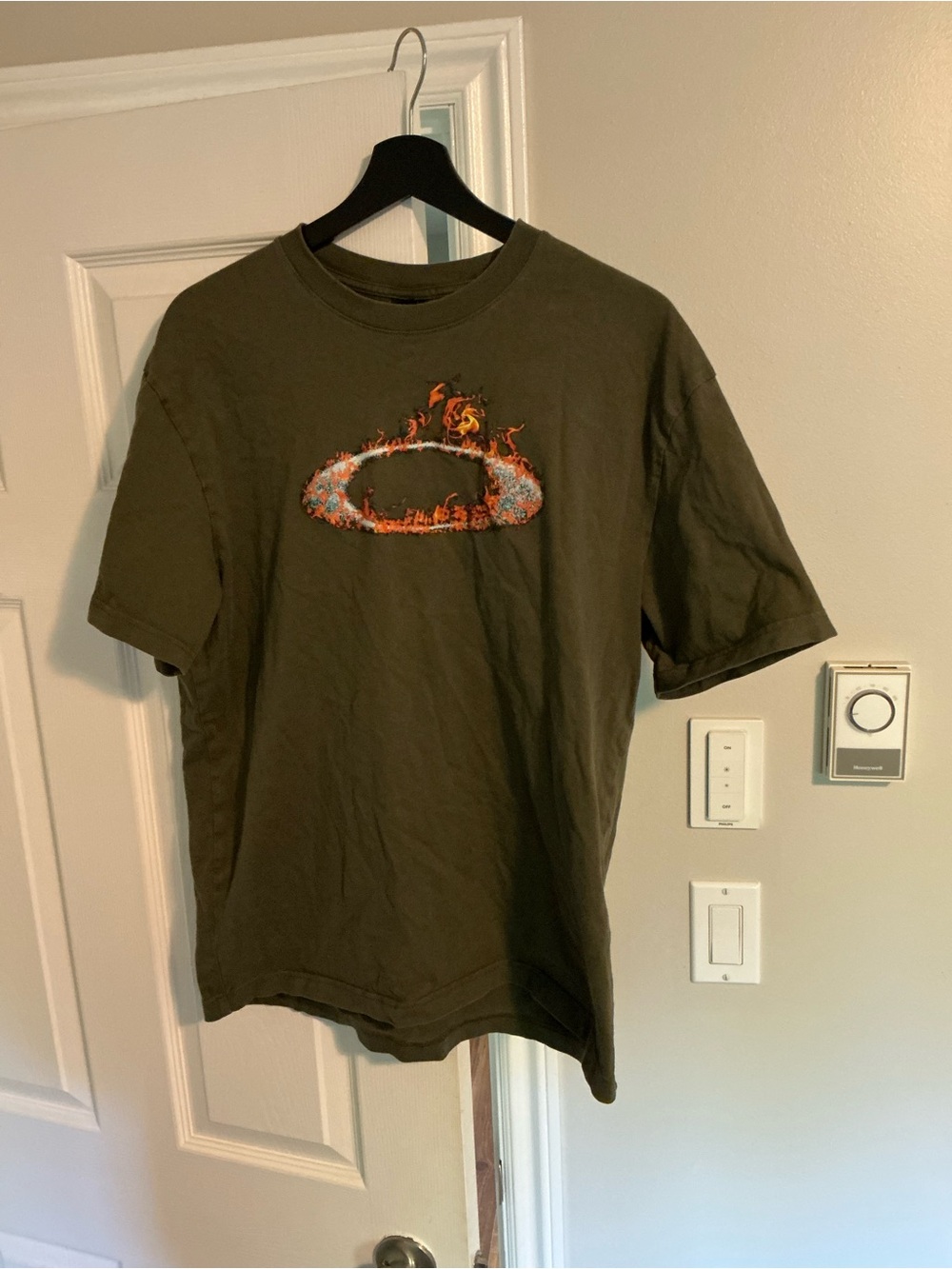 Oakley Olive Green Short Sleeve Tee with Flaming Logo